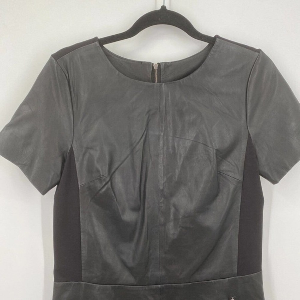 Halogen Black Leather Ponte Knit Shift Dress Size S Exposed Zipper Short Sleeve - Picture 2 of 11